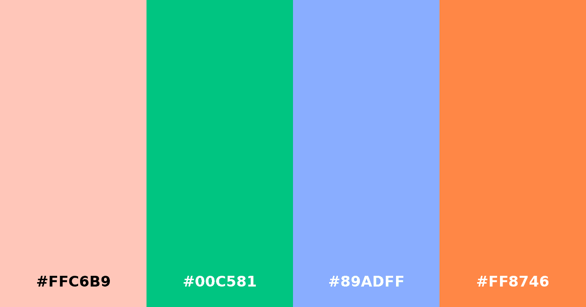 Color palette #FFC6B9 #00C581 #89ADFF #FF8746
