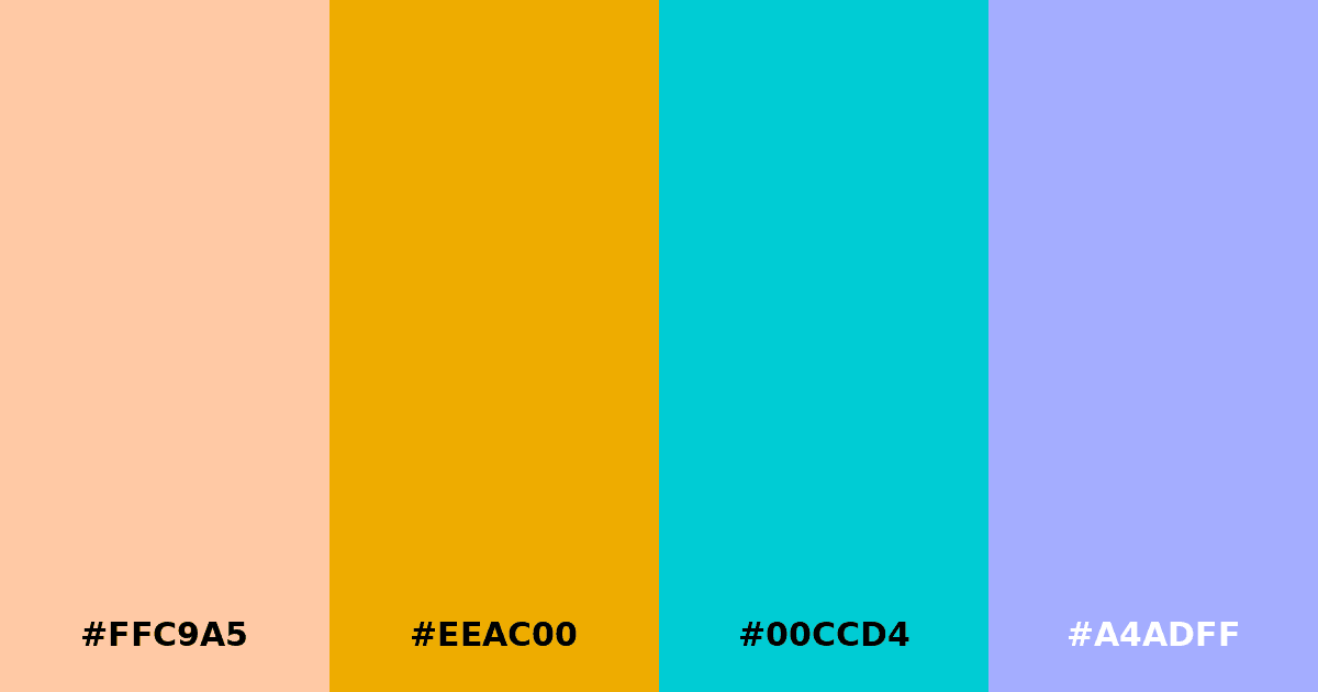 Color palette #FFC9A5 #EEAC00 #00CCD4 #A4ADFF