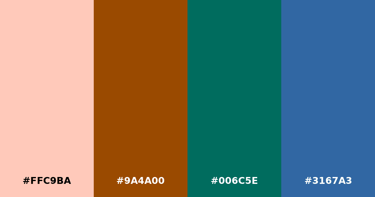 Color palette #FFC9BA #9A4A00 #006C5E #3167A3