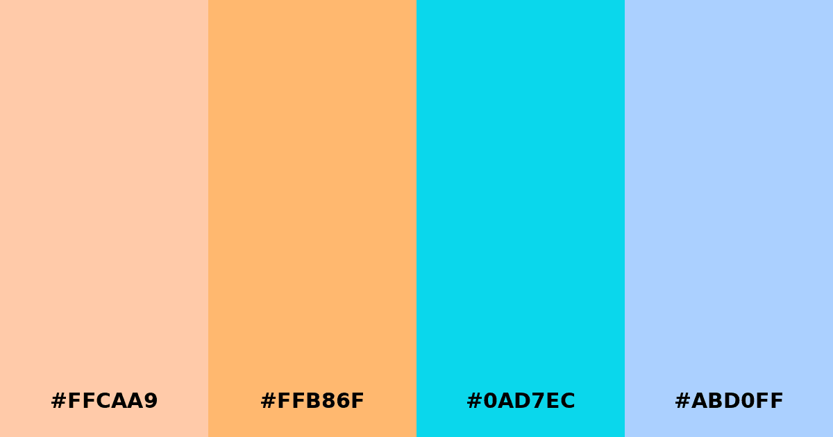Color palette #FFCAA9 #FFB86F #0AD7EC #ABD0FF