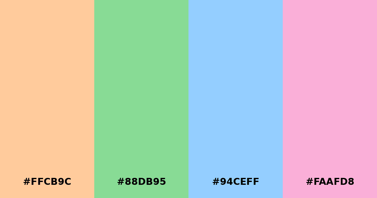 Color palette #FFCB9C #88DB95 #94CEFF #FAAFD8