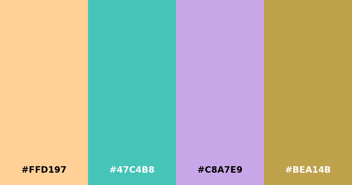 Color palette #FFD197 #47C4B8 #C8A7E9 #BEA14B