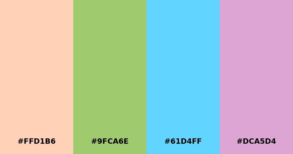 Color palette #FFD1B6 #9FCA6E #61D4FF #DCA5D4
